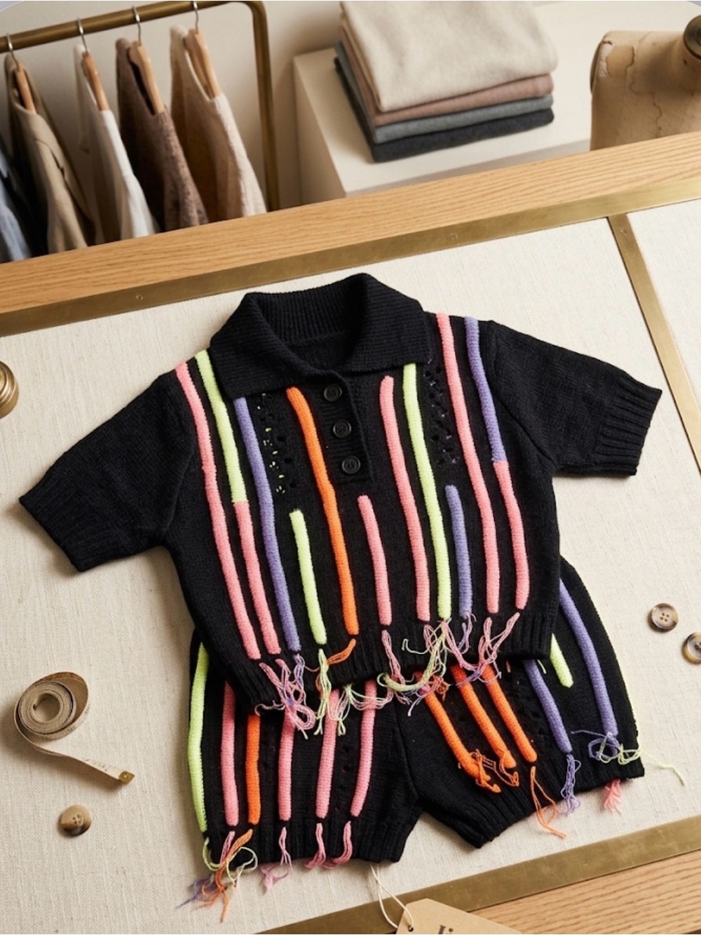 Black Knit Two-Piece Set with Neon Stripes